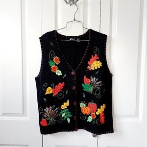 Autumn Thanksgiving Black Pumpkins & Leaves Sweater Vest XL‎ Holiday Editions